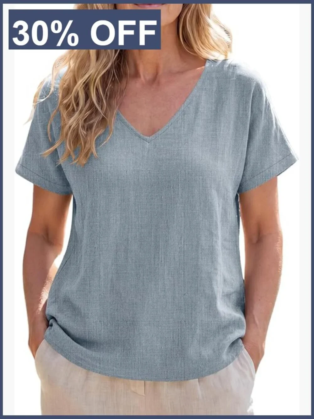 Viscose Linen Loose V Neck Short Sleeve Top Summer Beach Outfit Womens